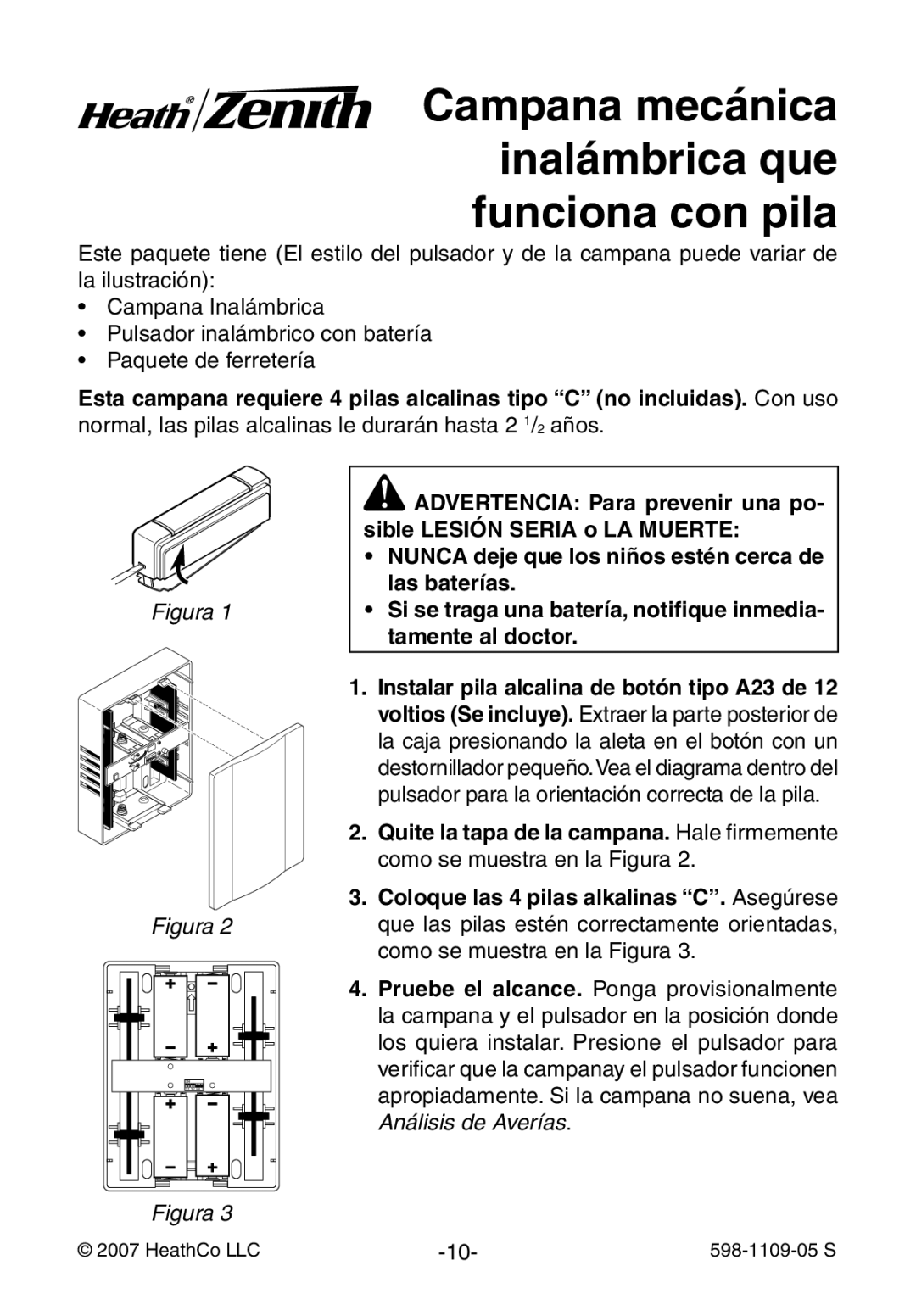 Heath Zenith 598-1109-05 manual Campana mecánica inalámbrica que funciona con pila 