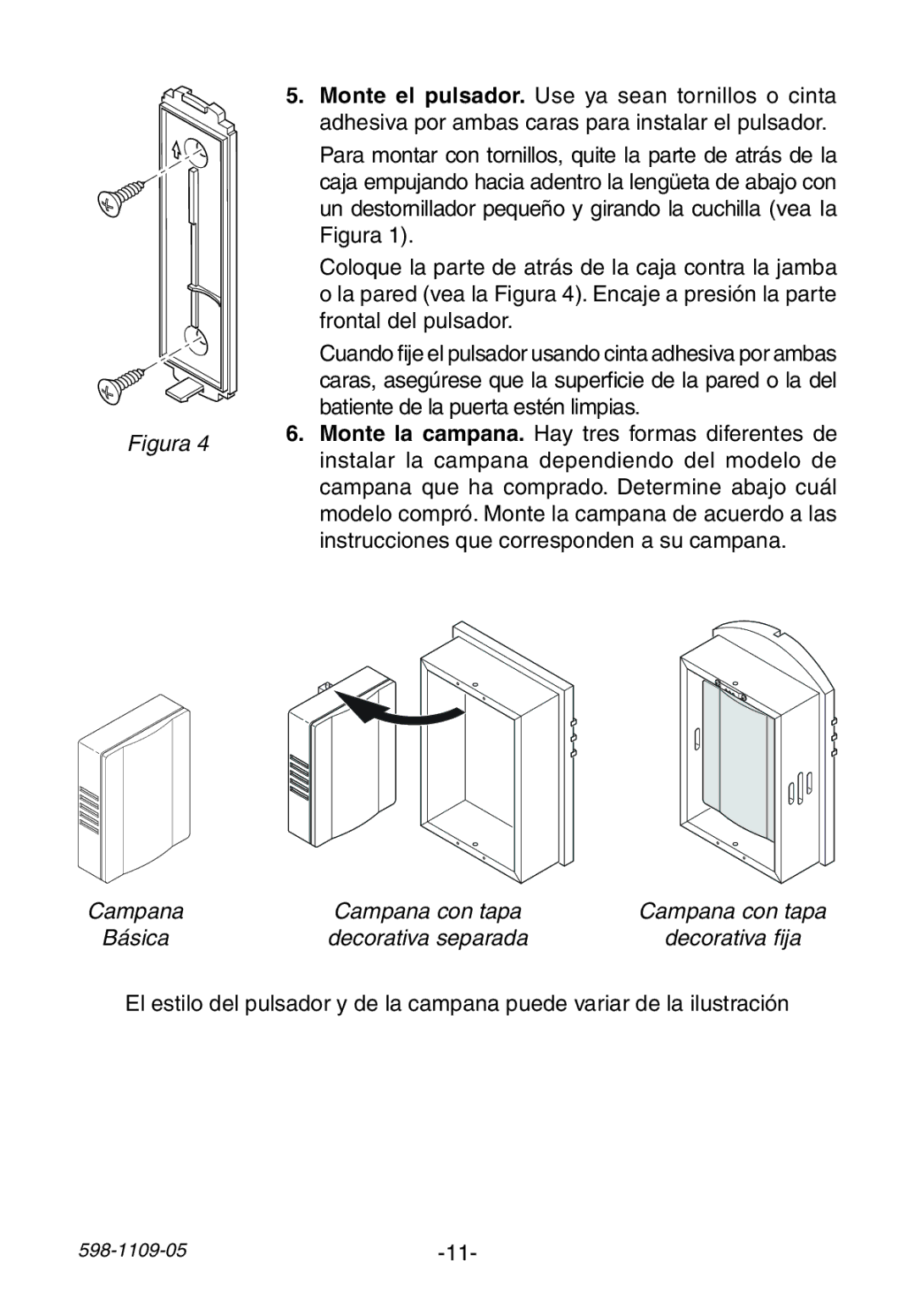 Heath Zenith 598-1109-05 manual Campana Campana con tapa Básica Decorativa separada 