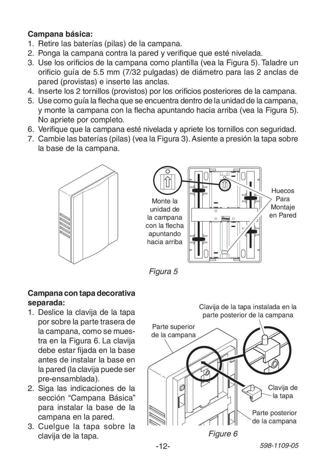 Heath Zenith 598-1109-05 manual Campana básica, Campana con tapa decorativa separada 