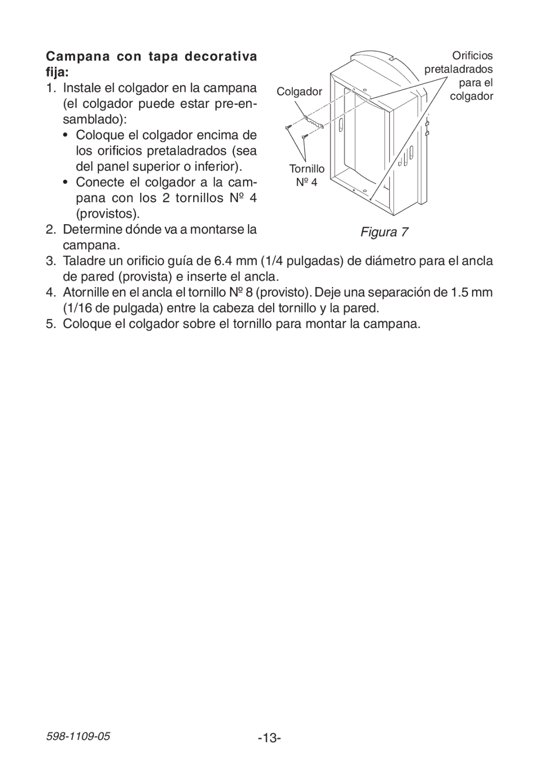 Heath Zenith 598-1109-05 manual Campana con tapa decorativa, Fija 