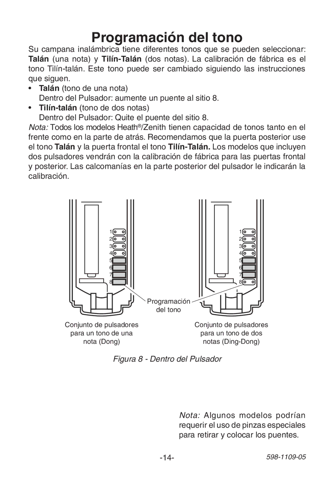 Heath Zenith 598-1109-05 manual Programación del tono, Figura 8 Dentro del Pulsador 