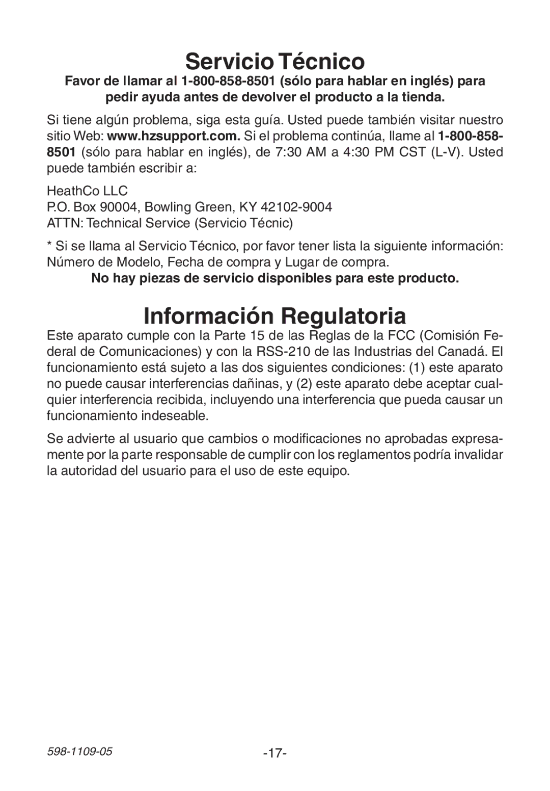 Heath Zenith 598-1109-05 manual Servicio Técnico, Información Regulatoria 