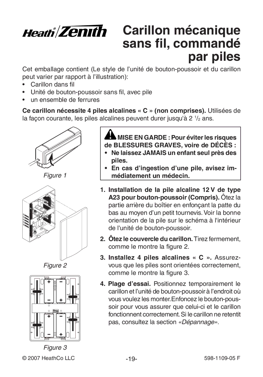 Heath Zenith 598-1109-05 manual Carillon mécanique sans fil, commandé par piles 