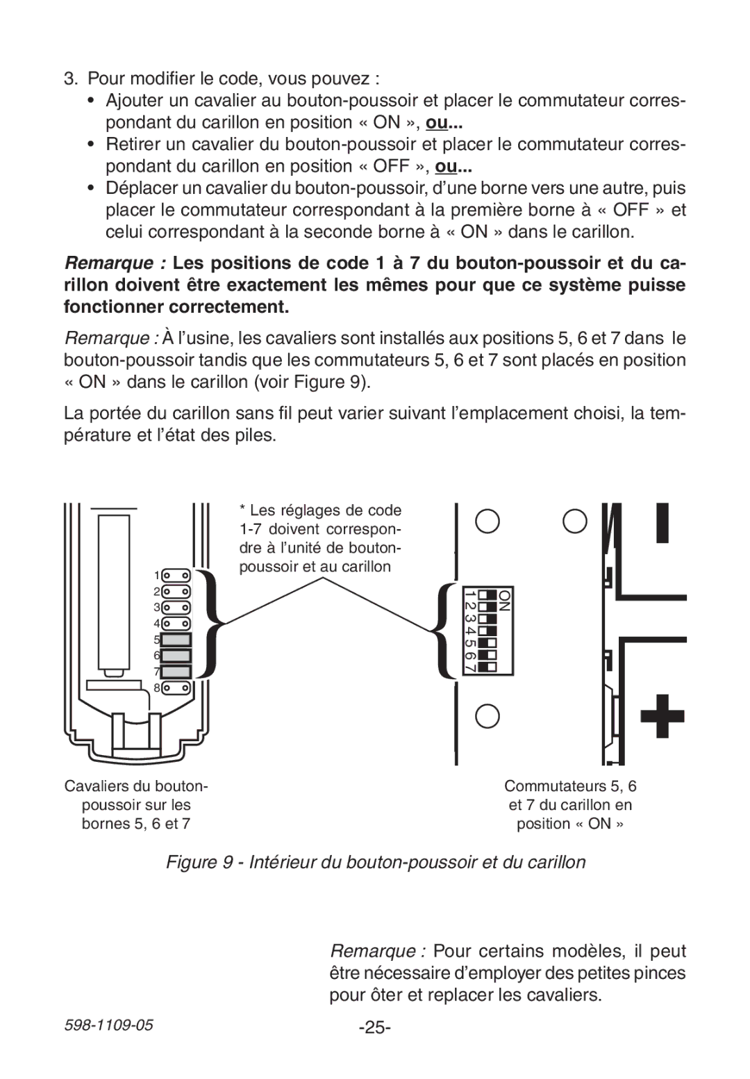 Heath Zenith 598-1109-05 manual Pour ôter et replacer les cavaliers 