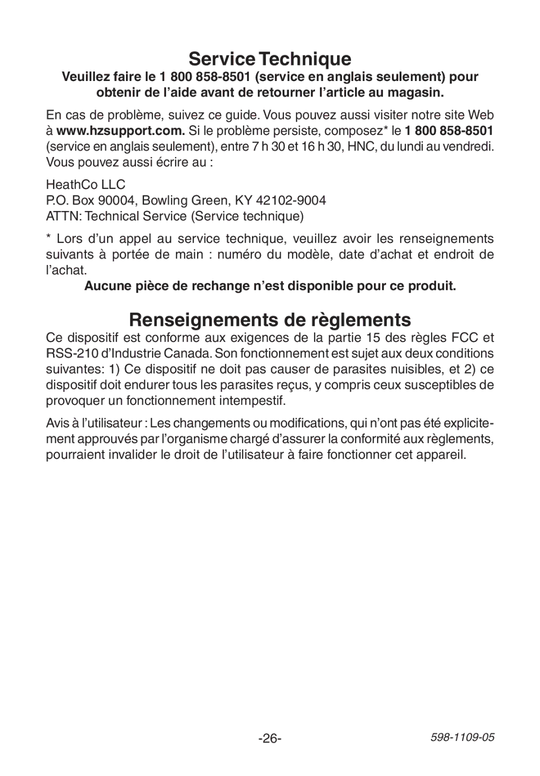 Heath Zenith 598-1109-05 manual Service Technique, Aucune pièce de rechange n’est disponible pour ce produit 