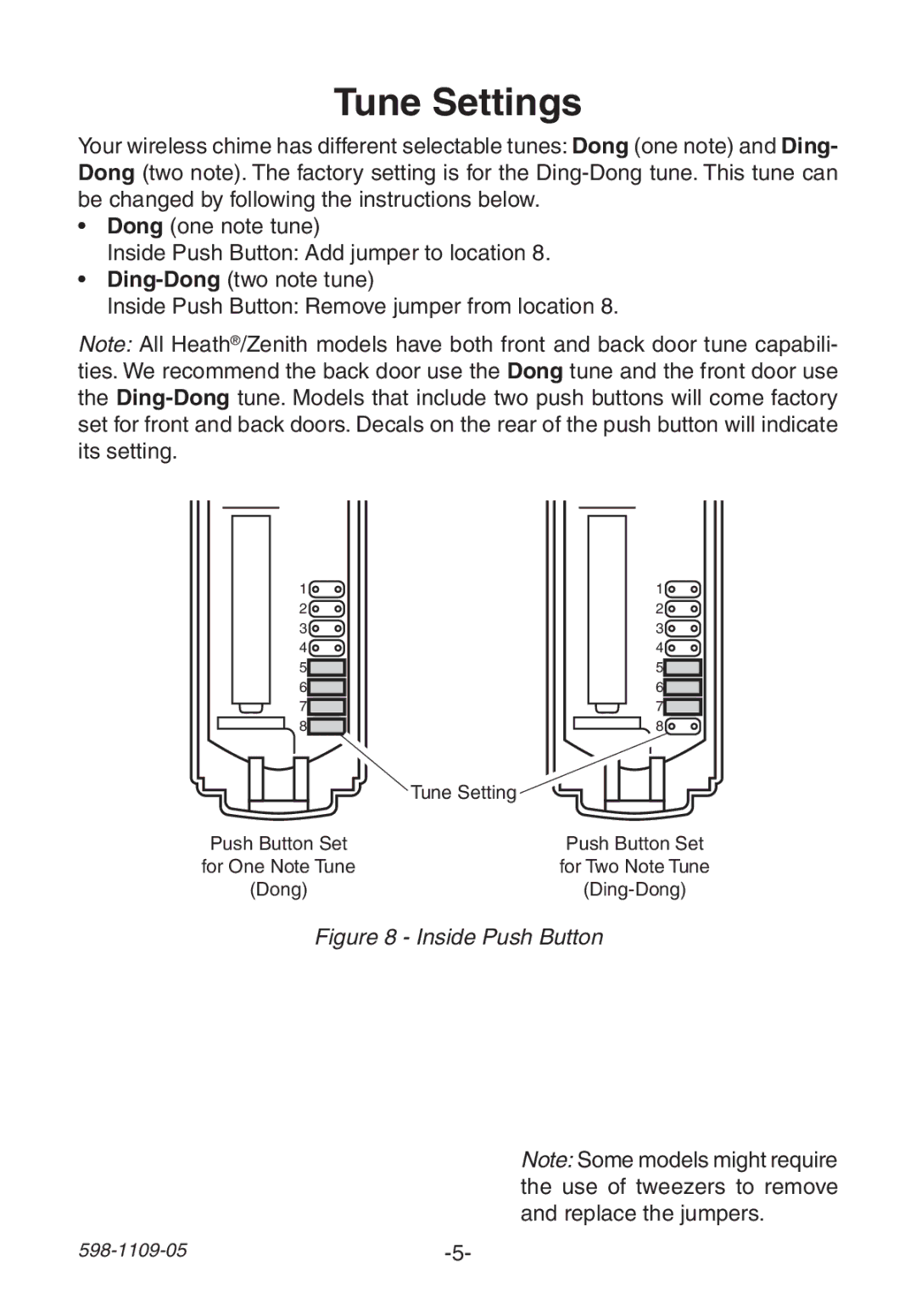 Heath Zenith 598-1109-05 manual Tune Settings, Inside Push Button 