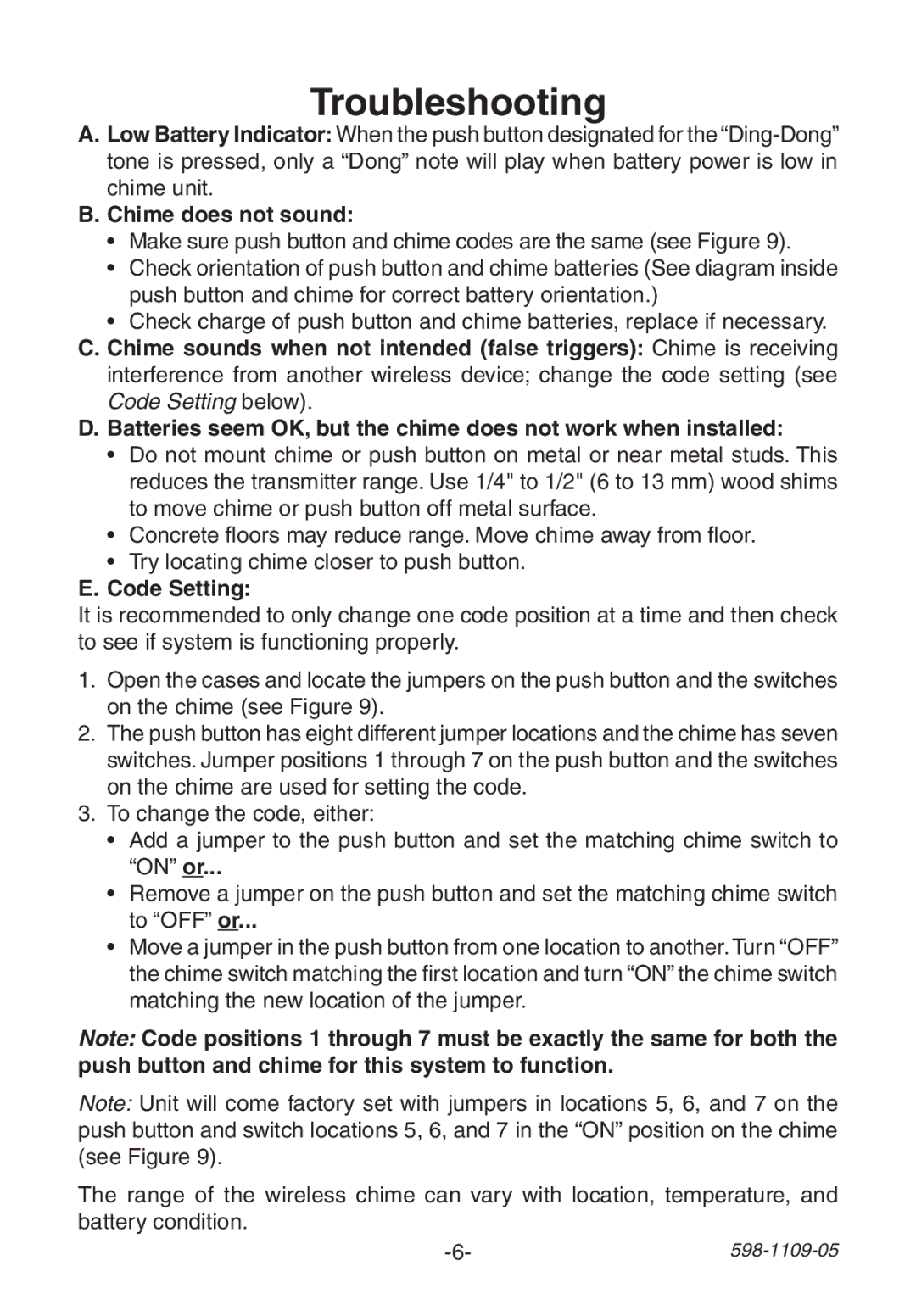 Heath Zenith 598-1109-05 manual Troubleshooting, Chime does not sound, Code Setting 