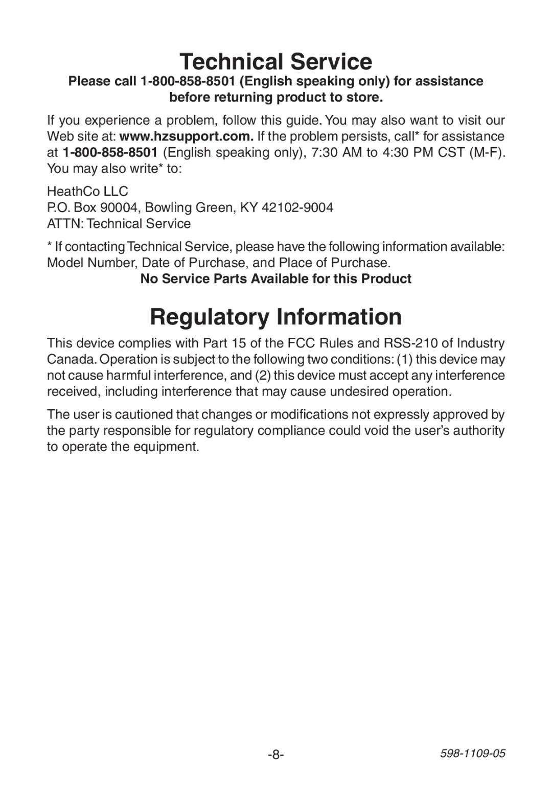 Heath Zenith 598-1109-05 manual Technical Service, Regulatory Information, No Service Parts Available for this Product 