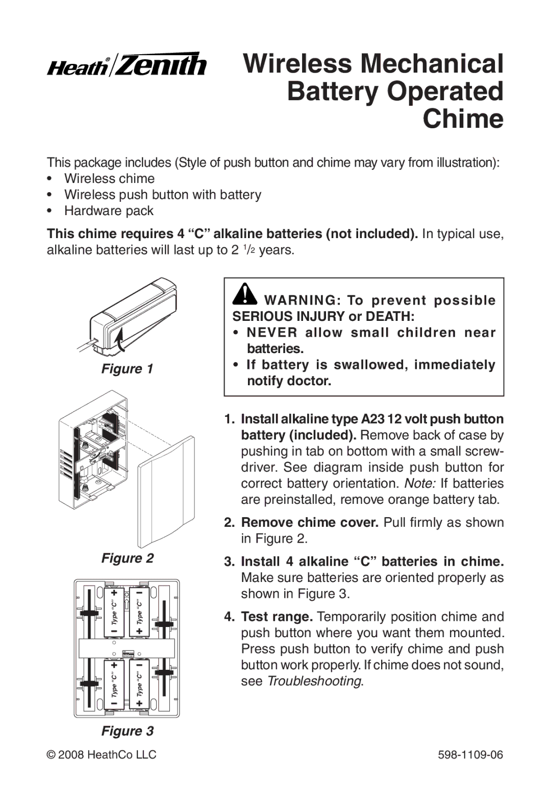 Heath Zenith 598-1109-06 manual Wireless Mechanical Battery Operated Chime 