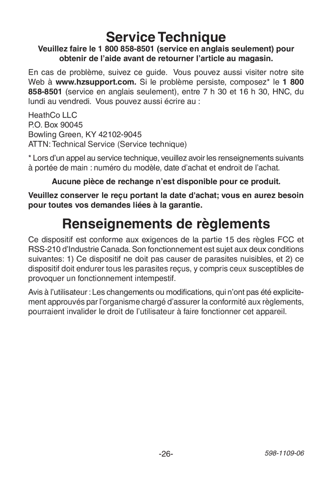 Heath Zenith 598-1109-06 manual Service Technique, Renseignements de règlements 