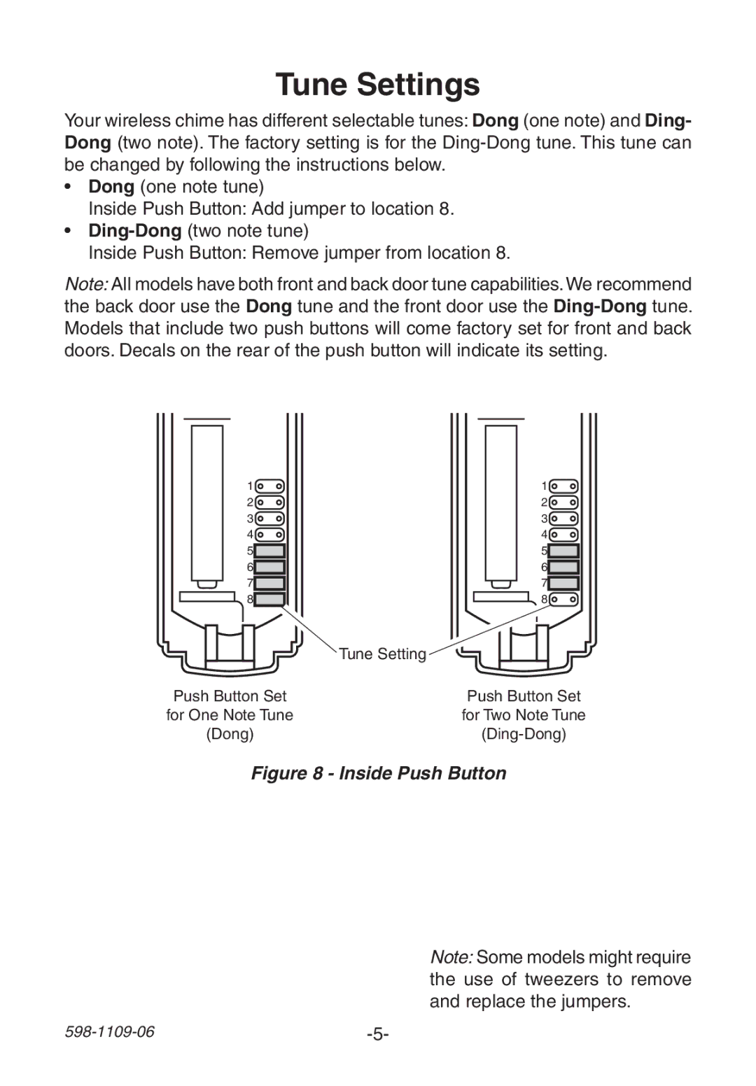 Heath Zenith 598-1109-06 manual Tune Settings, Inside Push Button 