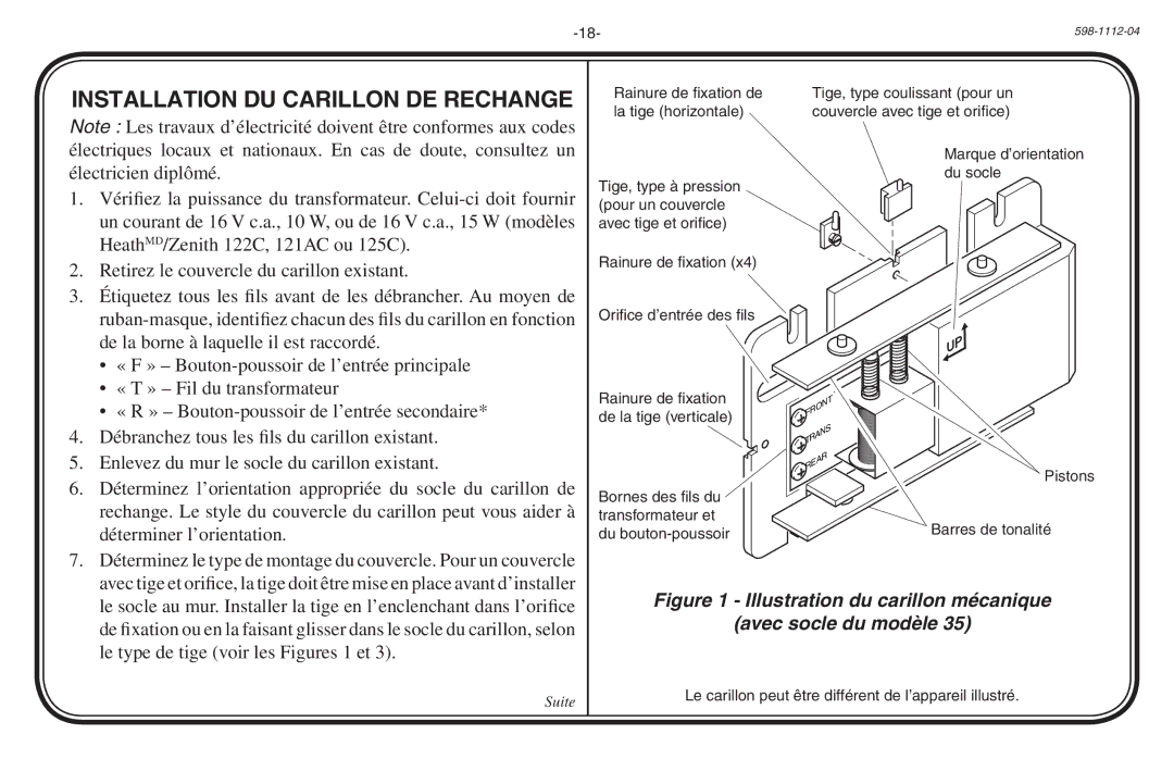 Heath Zenith 598-1112-04 manual Installation DU Carillon DE Rechange 