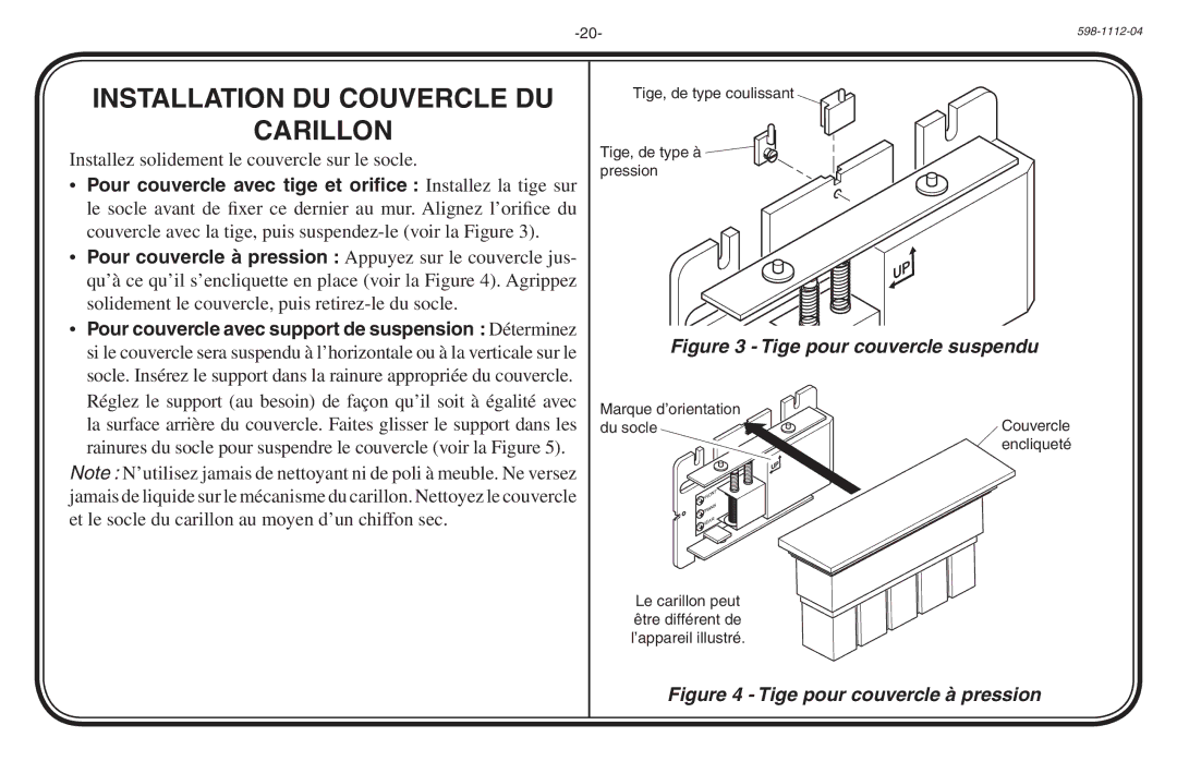 Heath Zenith 598-1112-04 manual Installation DU Couvercle DU, Carillon 