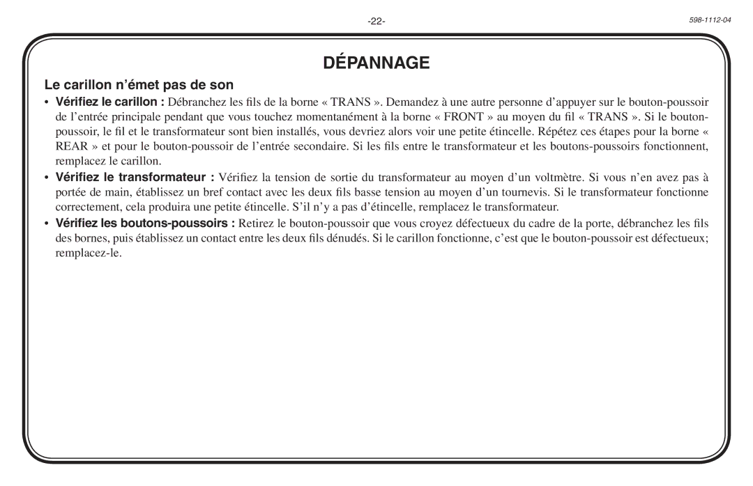 Heath Zenith 598-1112-04 manual Dépannage, Le carillon n’émet pas de son 