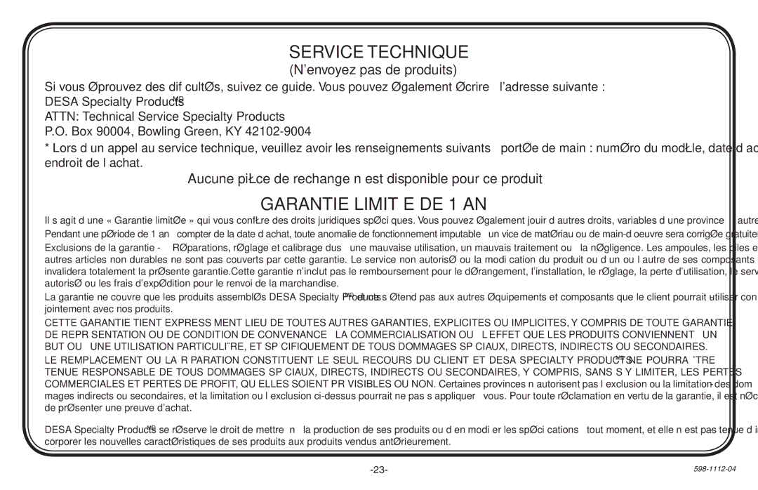 Heath Zenith 598-1112-04 manual Service Technique, Garantie Limitée DE 1 AN, Nenvoyez pas de produits 