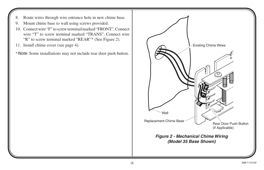 Heath Zenith 598-1112-04 manual Mechanical Chime Wiring Model 35 Base Shown 
