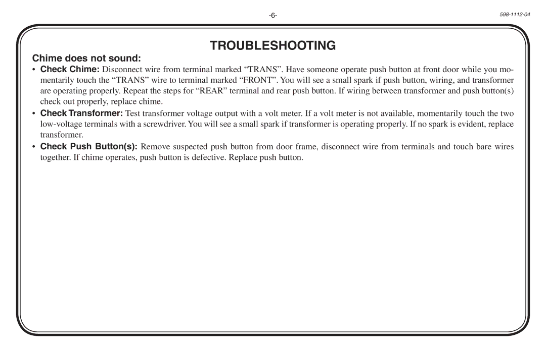 Heath Zenith 598-1112-04 manual Troubleshooting, Chime does not sound 