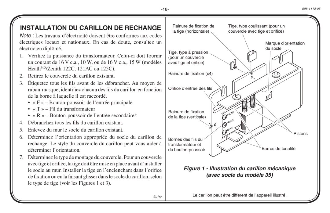 Heath Zenith 598-1112-05 manual Installation DU Carillon DE Rechange 