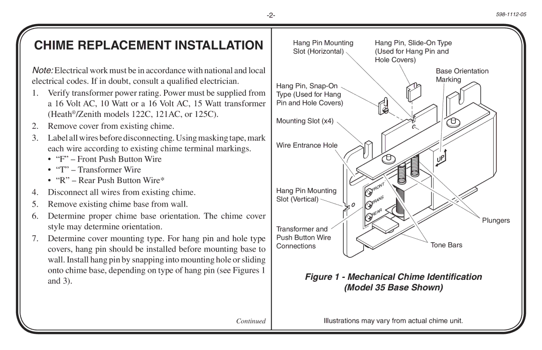 Heath Zenith 598-1112-05 manual Chime Replacement Installation, Onto chime base, depending on type of hang pin see Figures 