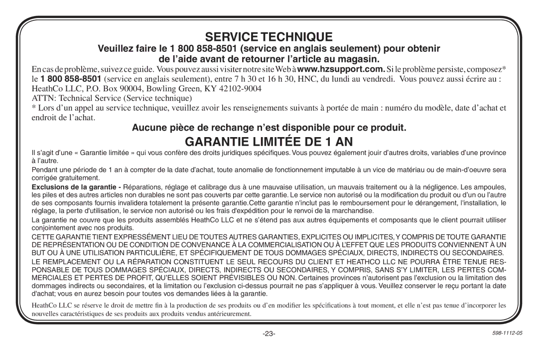 Heath Zenith 598-1112-05 manual Service Technique, Garantie Limitée DE 1 AN 