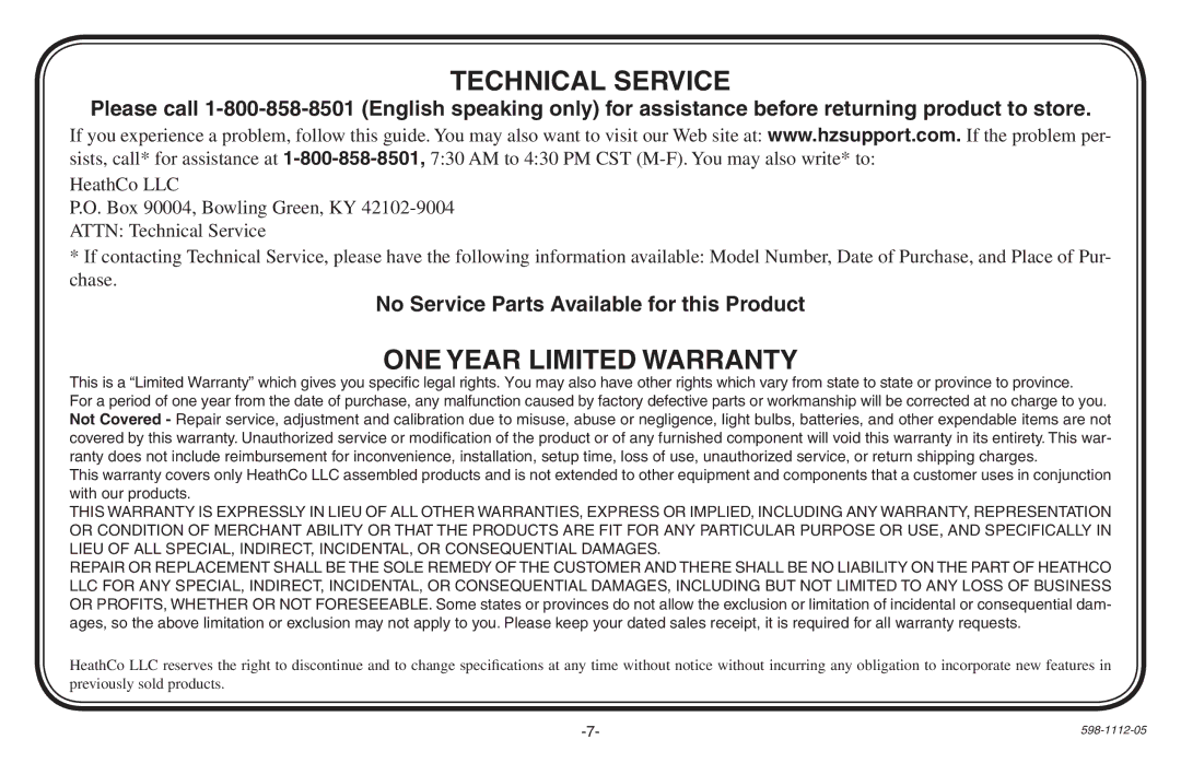 Heath Zenith 598-1112-05 manual Technical Service, ONE Year Limited Warranty 