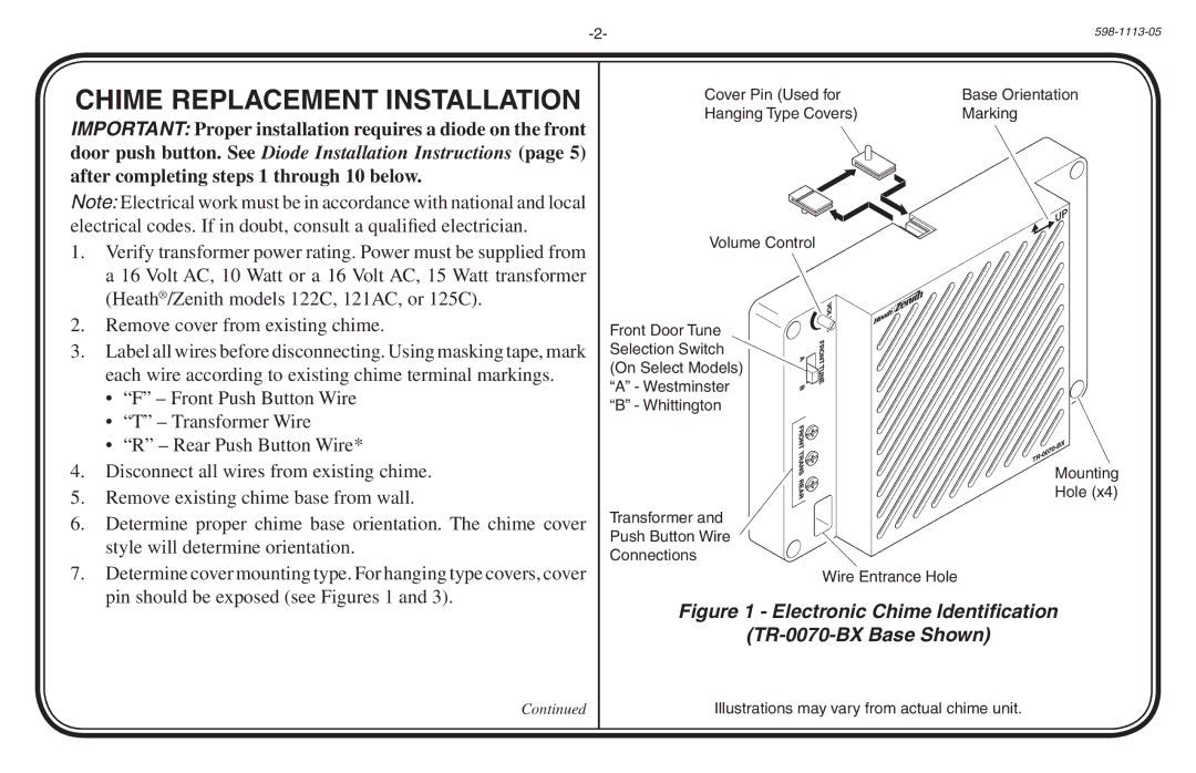 Heath Zenith 598-1113-05 manual Chime Replacement Installation, Electronic Chime Identification TR-0070-BX Base Shown 