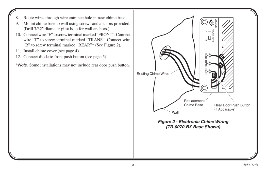 Heath Zenith 598-1113-05 manual Electronic Chime Wiring TR-0070-BX Base Shown 