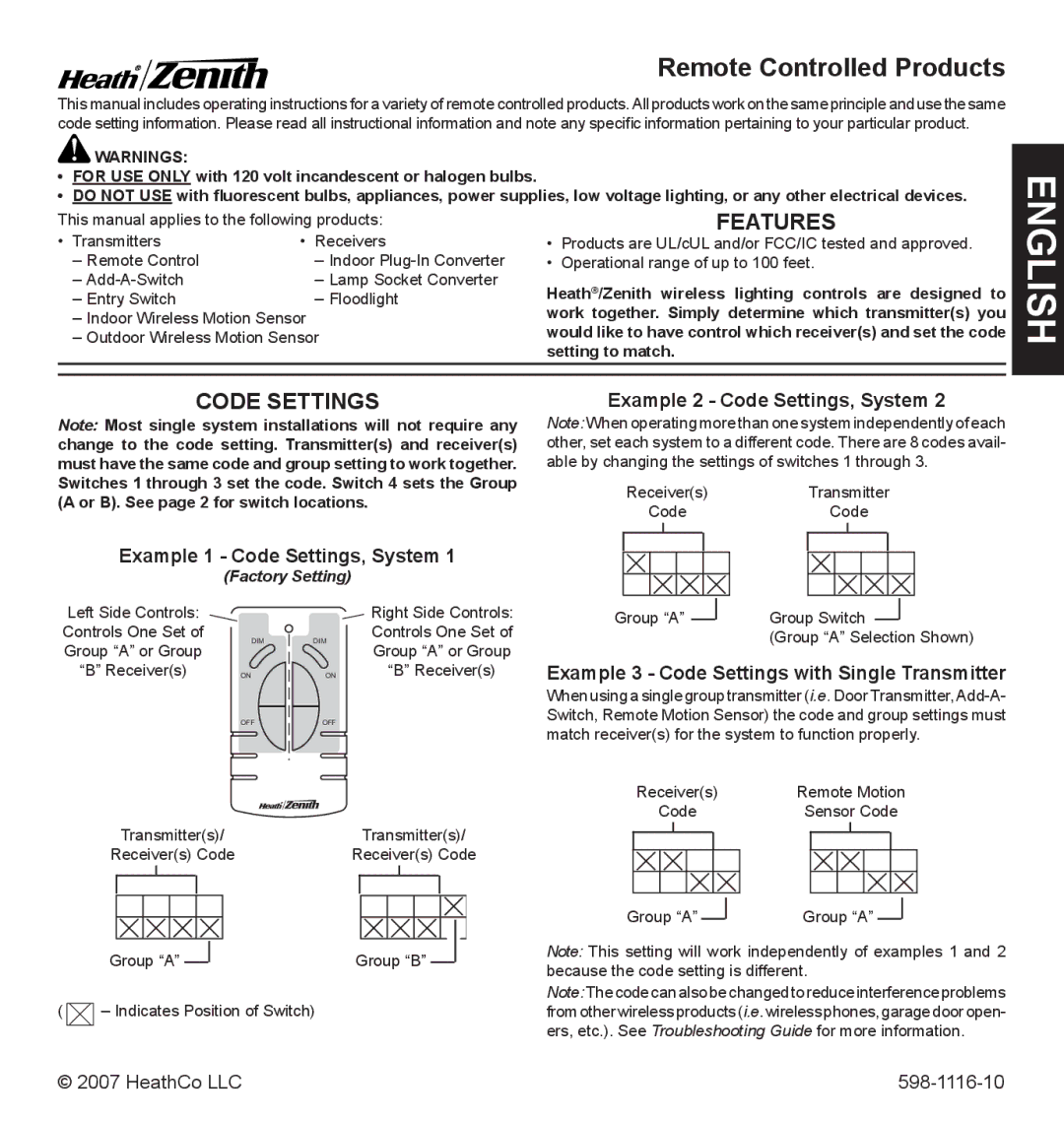 Heath Zenith 598-1116-10 operating instructions Features, Example 2 Code Settings, System 