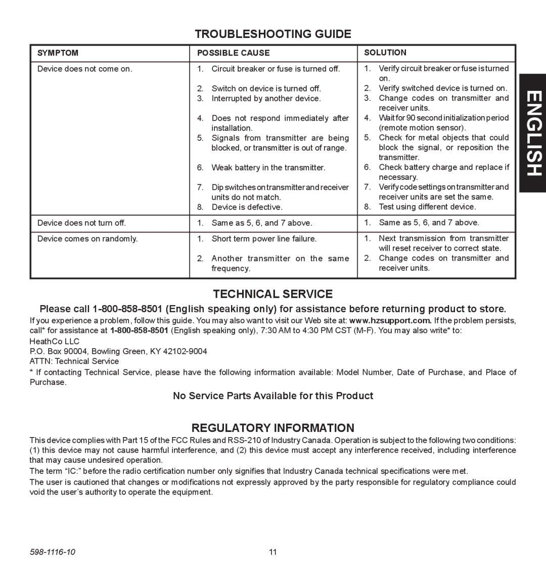 Heath Zenith 598-1116-10 operating instructions Troubleshooting Guide, Technical Service, Regulatory Information 