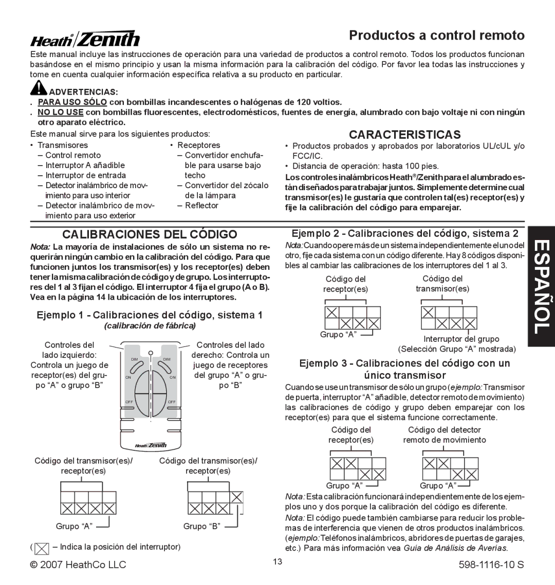 Heath Zenith 598-1116-10 Caracteristicas, Calibraciones DEL Código, Ejemplo 1 Calibraciones del código, sistema 