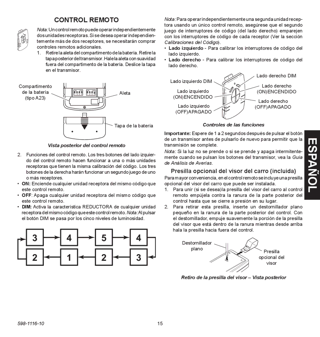 Heath Zenith 598-1116-10 Control remoto, Presilla opcional del visor del carro incluida, Controles de las funciones 