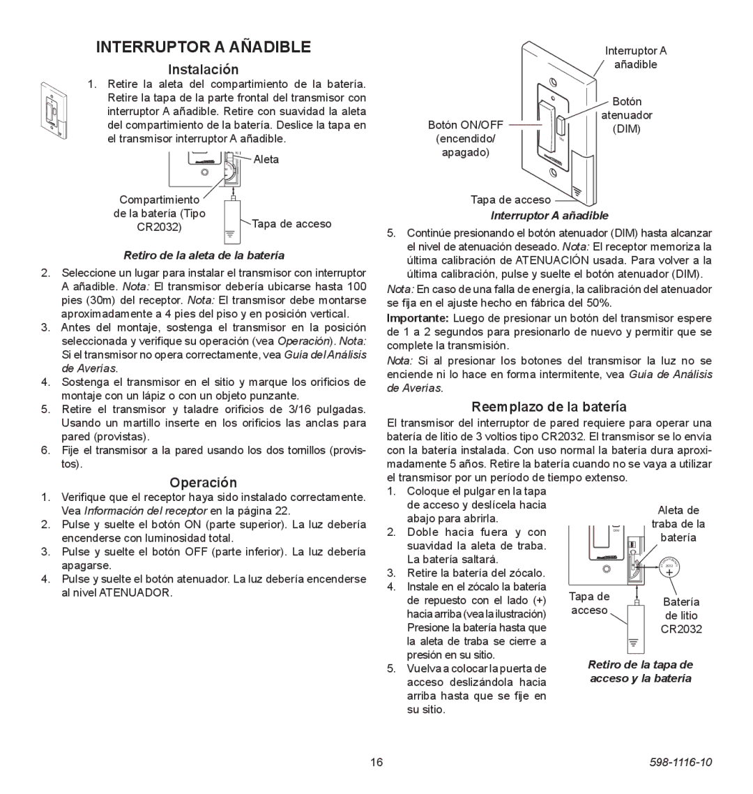 Heath Zenith 598-1116-10 operating instructions Interruptor a añadible, Instalación, Operación, Reemplazo de la batería 