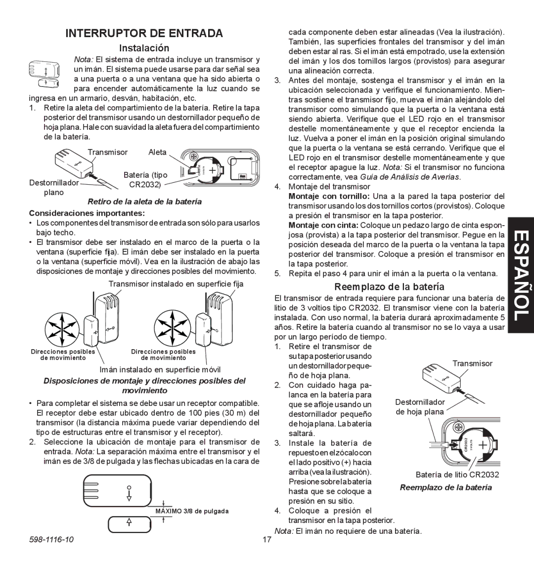 Heath Zenith 598-1116-10 operating instructions Interruptor DE Entrada, Consideraciones importantes 