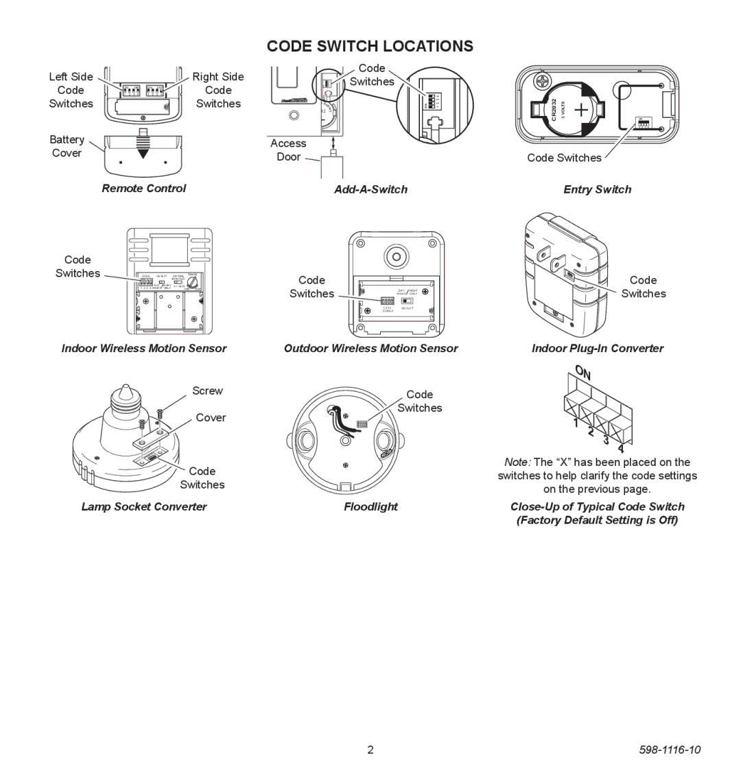 Heath Zenith 598-1116-10 Code Switch Locations, Remote Control Add-A-Switch Entry Switch, Lamp Socket Converter Floodlight 