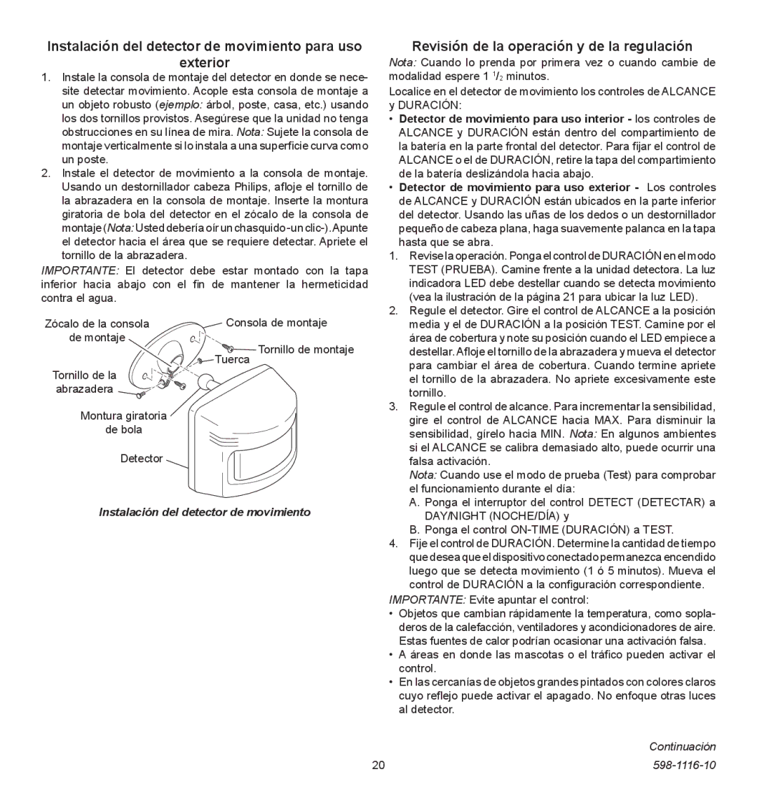 Heath Zenith 598-1116-10 operating instructions Instalación del detector de movimiento para uso Exterior 