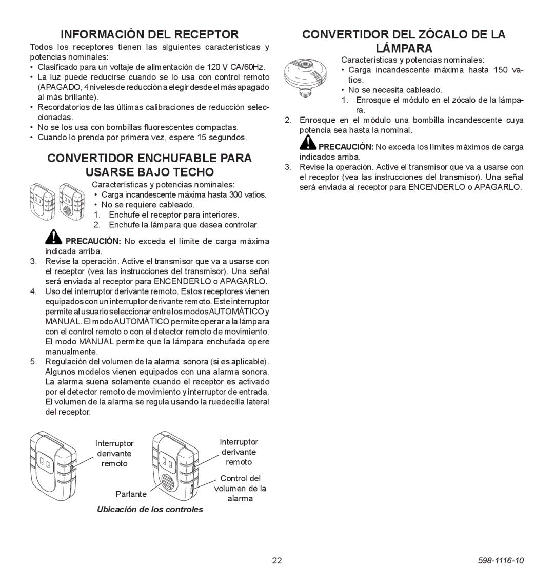 Heath Zenith 598-1116-10 operating instructions Información DEL Receptor, Convertidor enchufable para Usarse bajo techo 