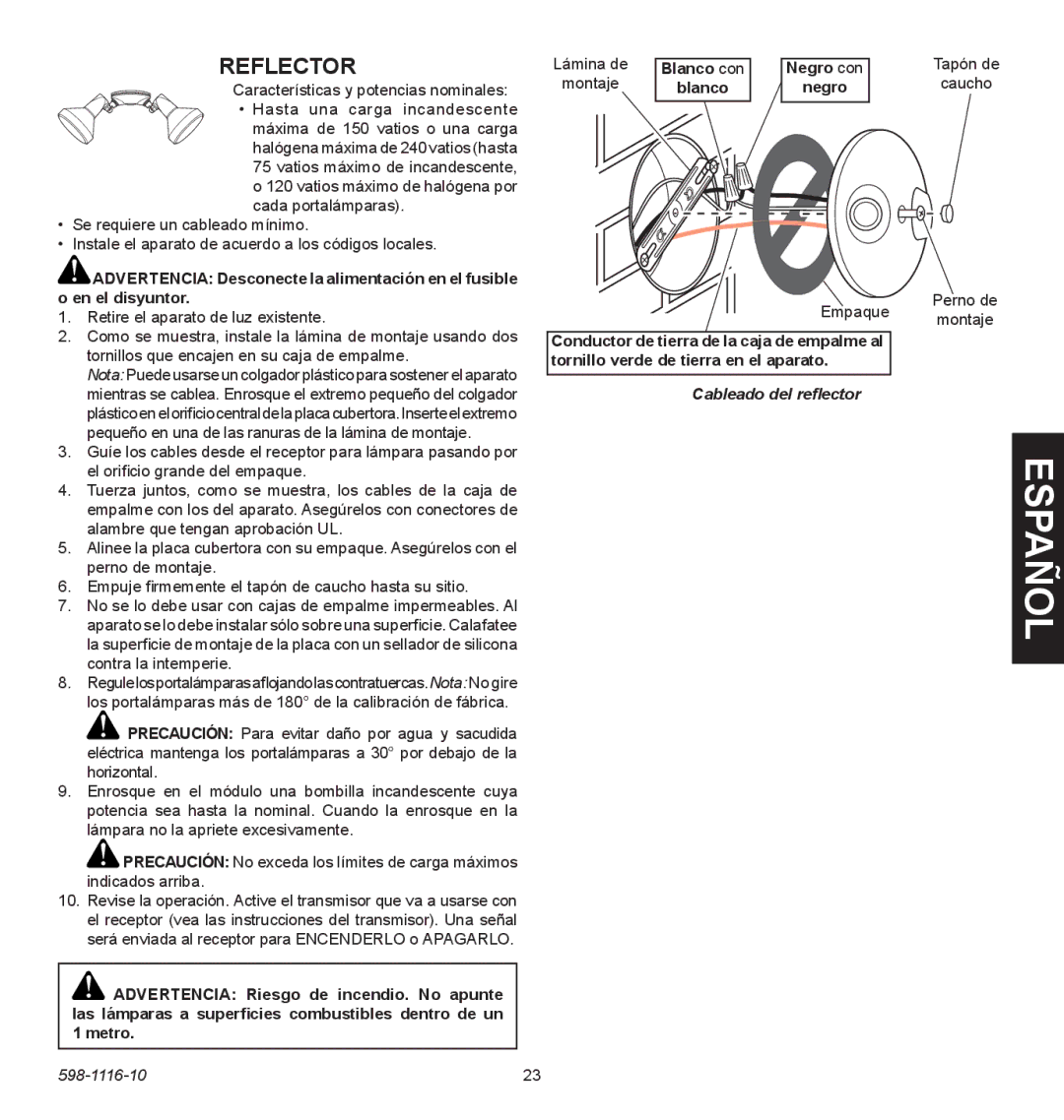 Heath Zenith 598-1116-10 Reflector, Negro, Empaque, Cableado del reflector, Tapón de Caucho Perno de Montaje 