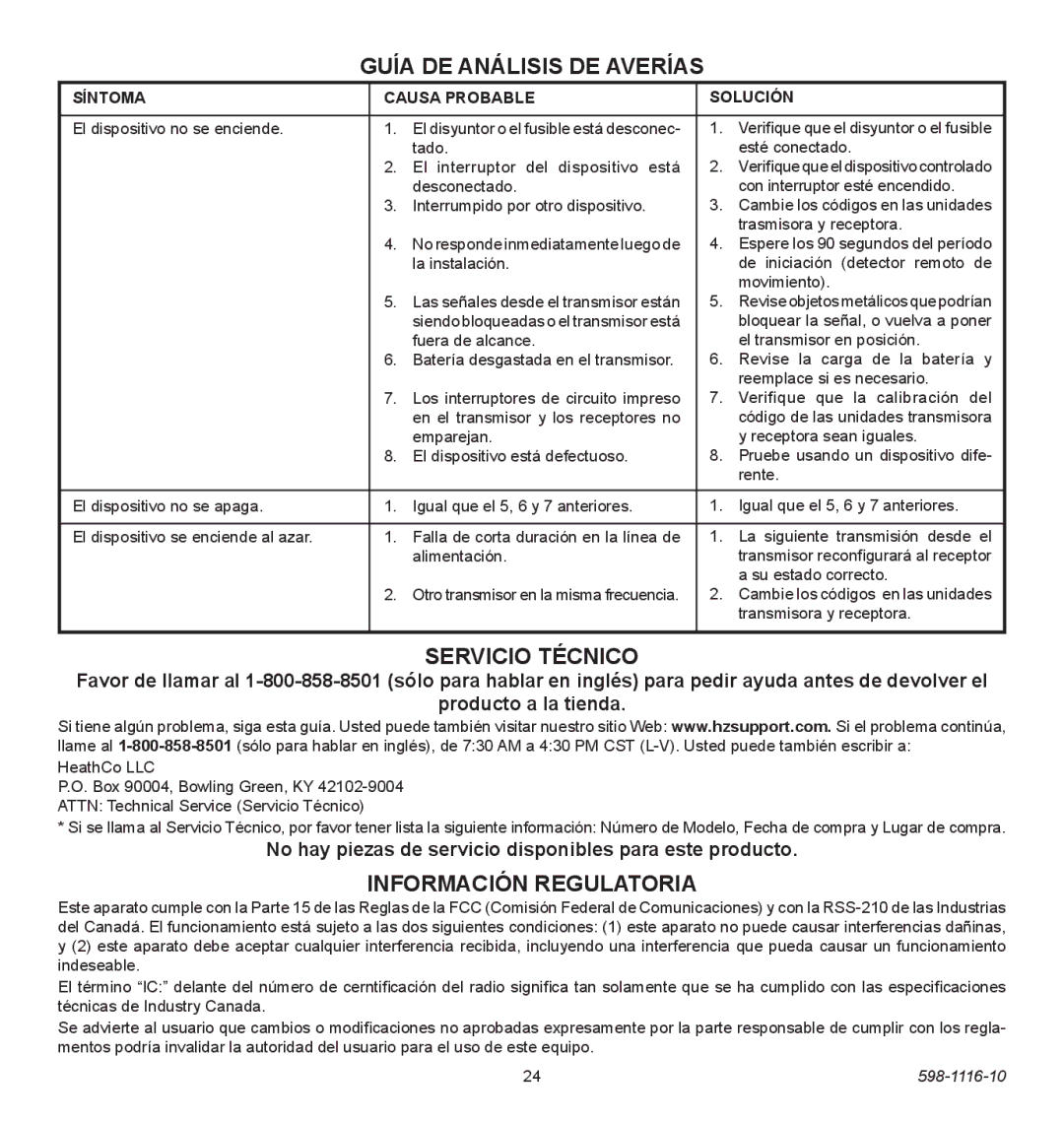 Heath Zenith 598-1116-10 operating instructions Guía de Análisis de Averías, Servicio Técnico, Información Regulatoria 