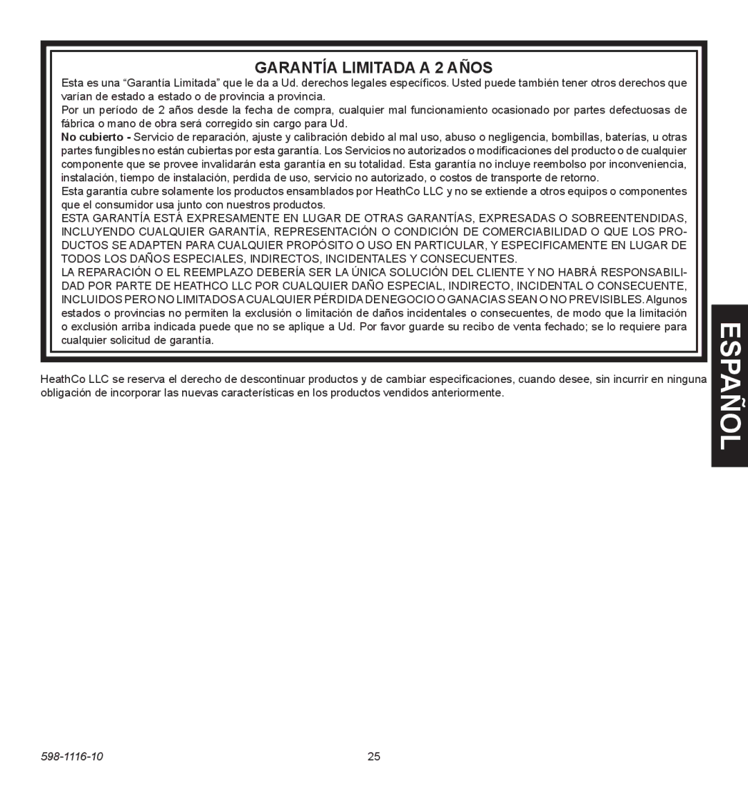 Heath Zenith 598-1116-10 operating instructions Garantía Limitada a 2 Años 