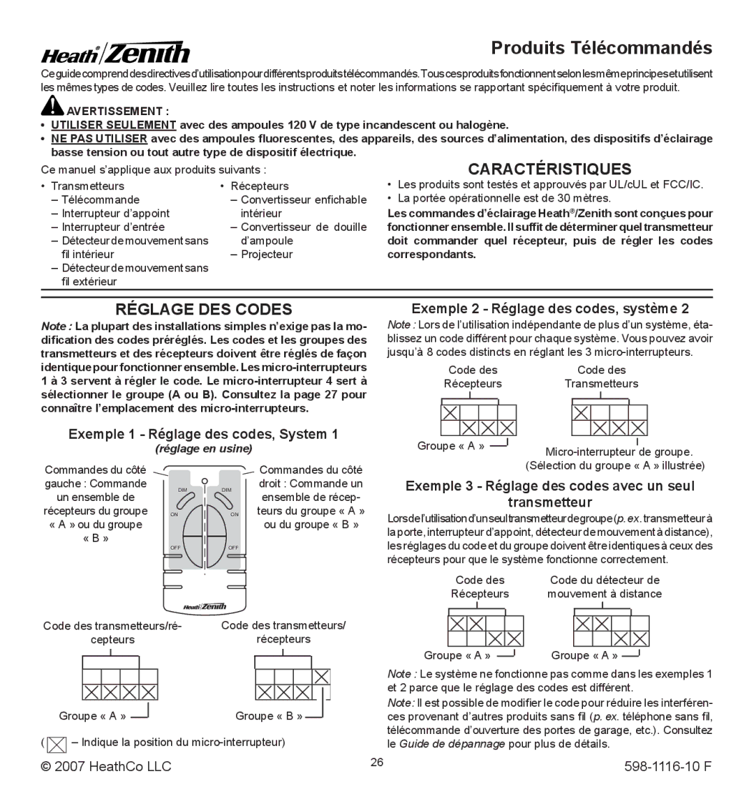 Heath Zenith 598-1116-10 operating instructions Caractéristiques, Réglage DES Codes, Exemple 1 Réglage des codes, System 