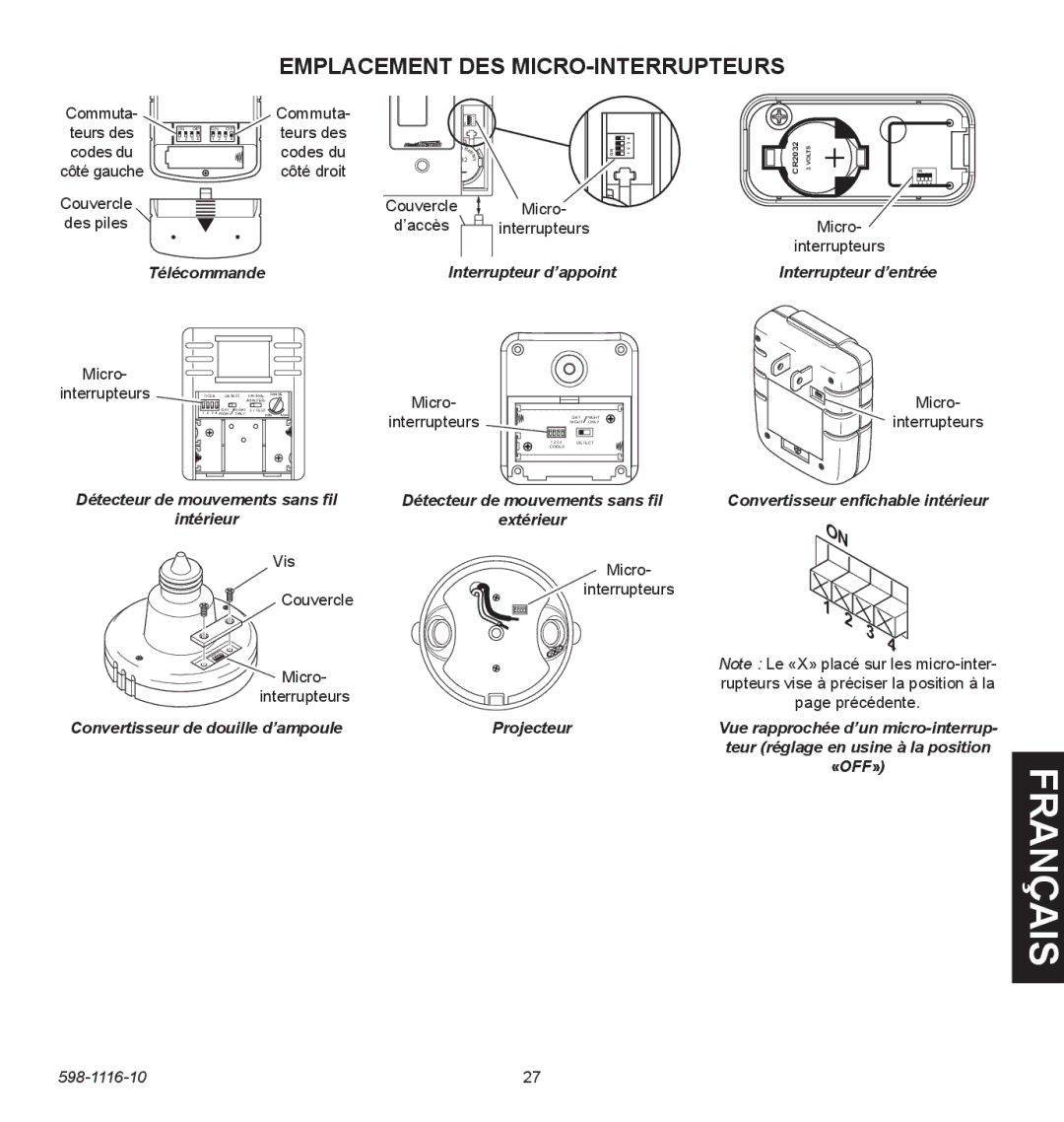 Heath Zenith 598-1116-10 Emplacement DES MICRO-INTERRUPTEURS, Télécommande Interrupteur d’appoint Interrupteur d’entrée 