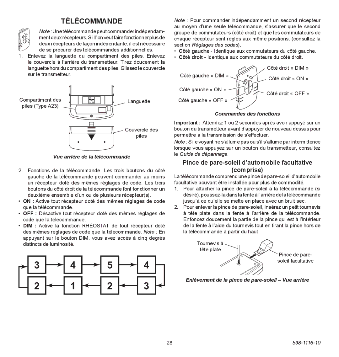 Heath Zenith 598-1116-10 Télécommande, Pince de pare-soleil d’automobile facultative Comprise, Commandes des fonctions 