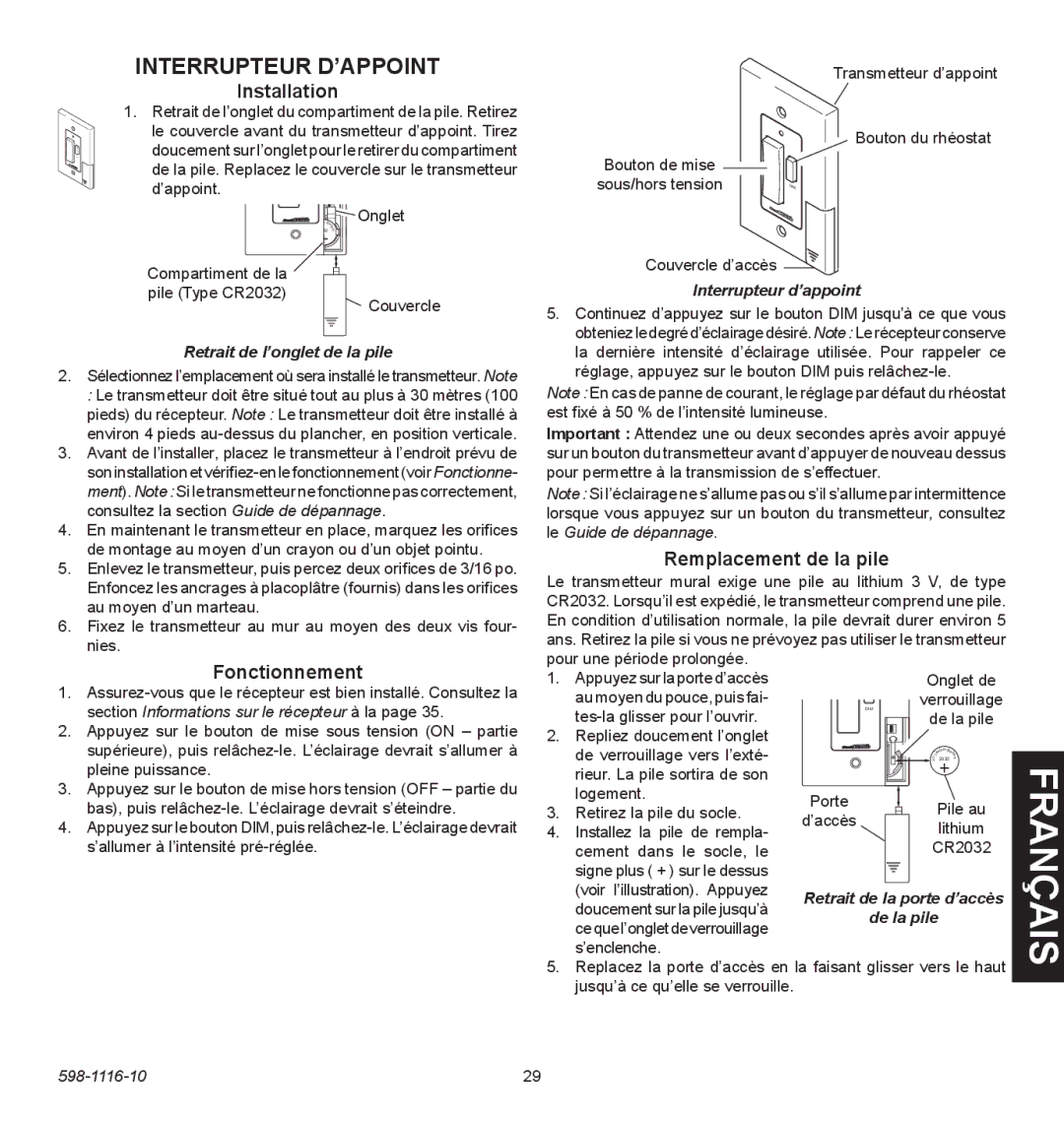 Heath Zenith 598-1116-10 Interrupteur d’appoint, Fonctionnement, Remplacement de la pile, Retrait de l’onglet de la pile 