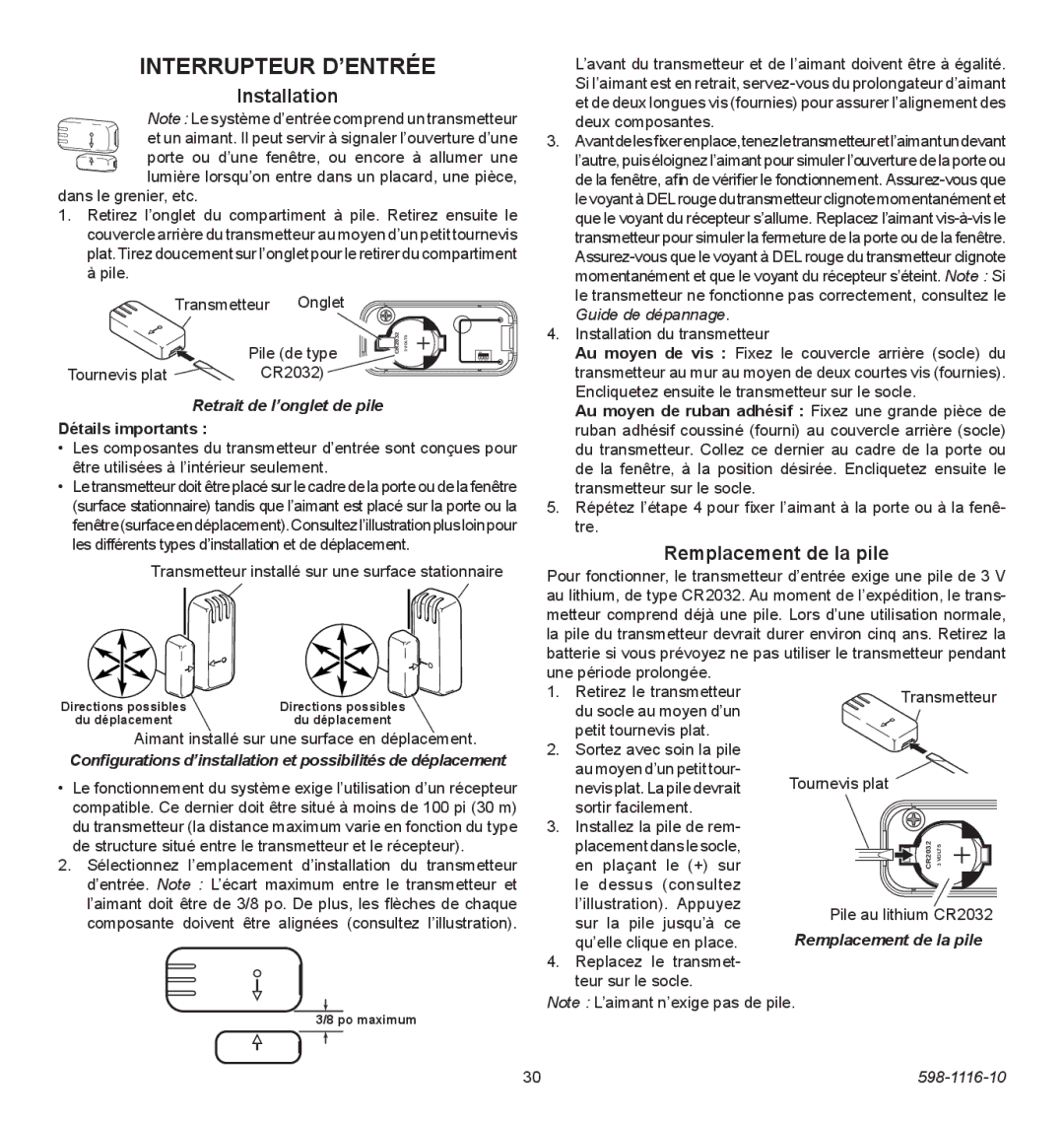 Heath Zenith 598-1116-10 Interrupteur D’ENTRÉE, Tournevis plat, Retrait de l’onglet de pile, Détails importants 