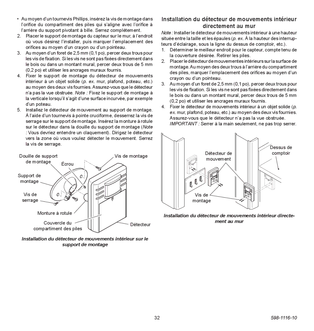 Heath Zenith 598-1116-10 operating instructions Important Serrer à la main seulement, ne pas trop serrer, Détecteur de 