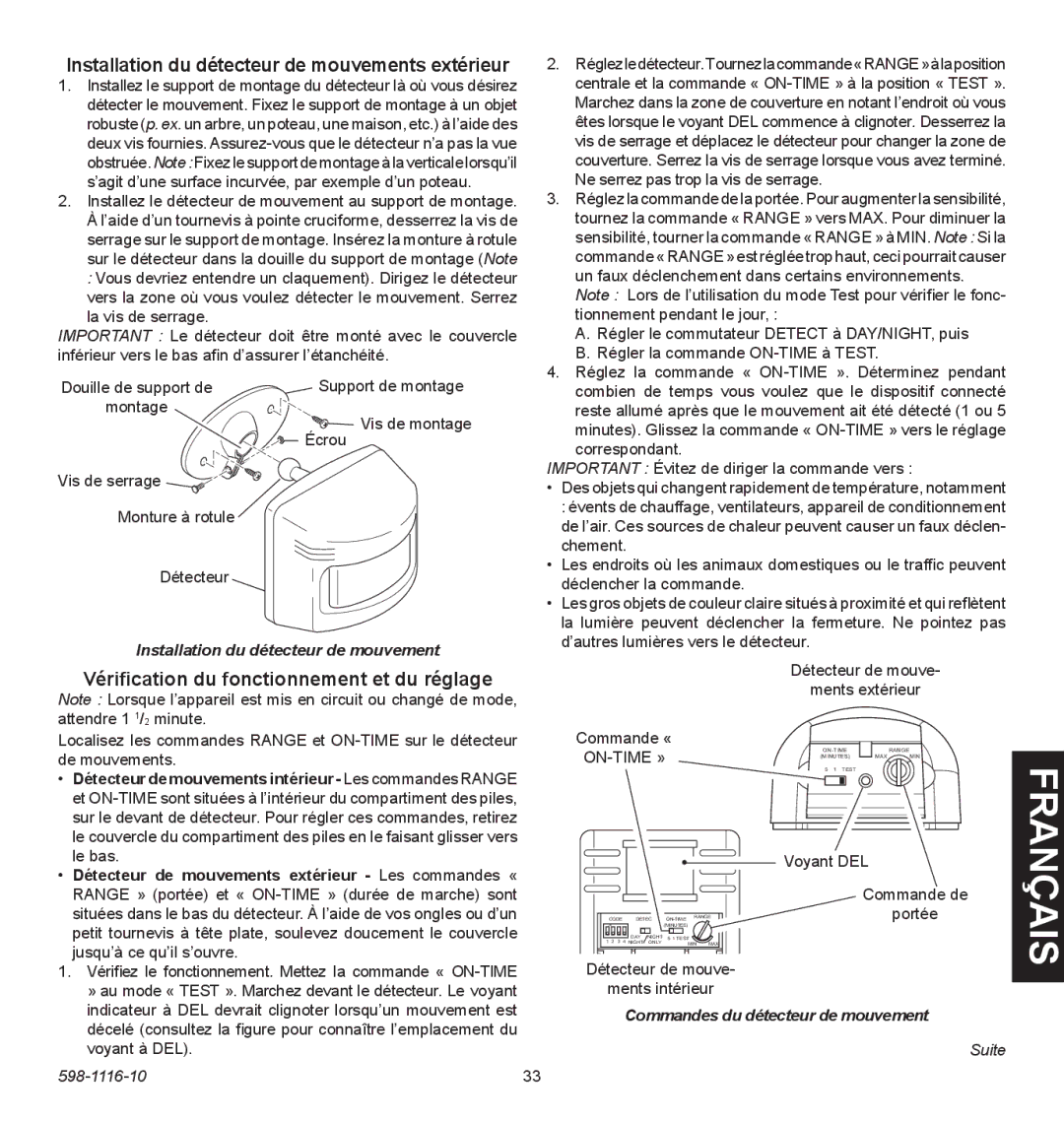 Heath Zenith 598-1116-10 Installation du détecteur de mouvements extérieur, Vérification du fonctionnement et du réglage 