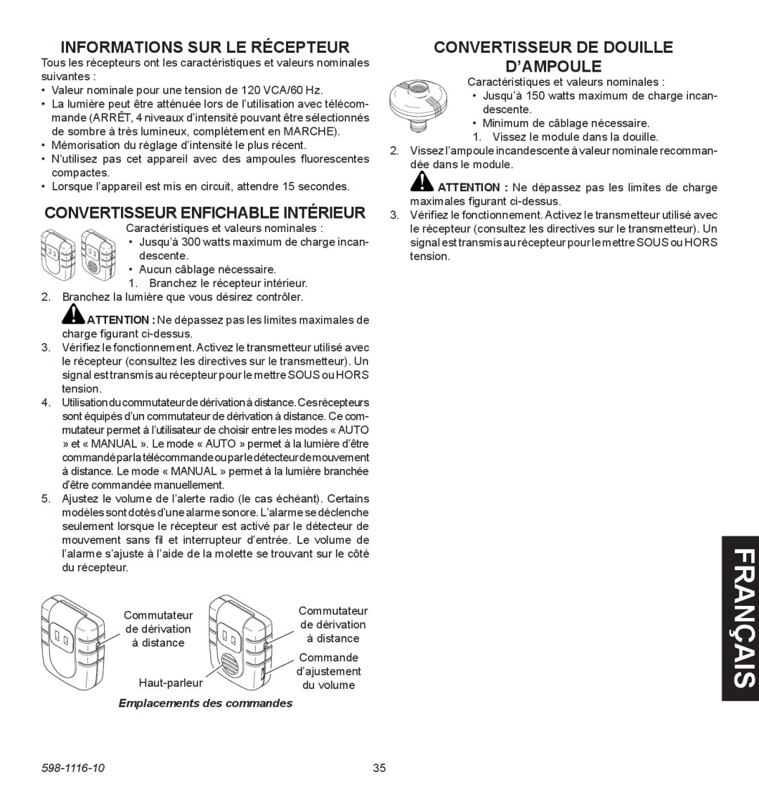 Heath Zenith 598-1116-10 Informations SUR LE Récepteur, Convertisseur enfichable intérieur, Haut-parleur 