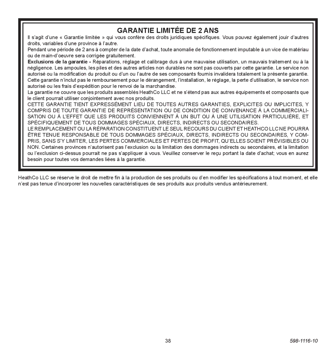 Heath Zenith 598-1116-10 operating instructions Garantie Limitée DE 2 ANS 