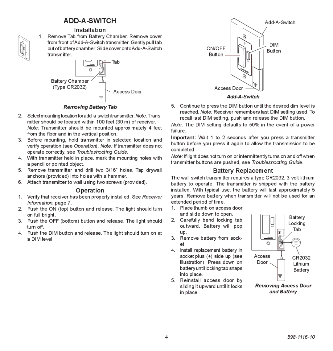 Heath Zenith 598-1116-10 Installation, Operation, Battery Replacement, Add-A-Switch Removing Battery Tab 