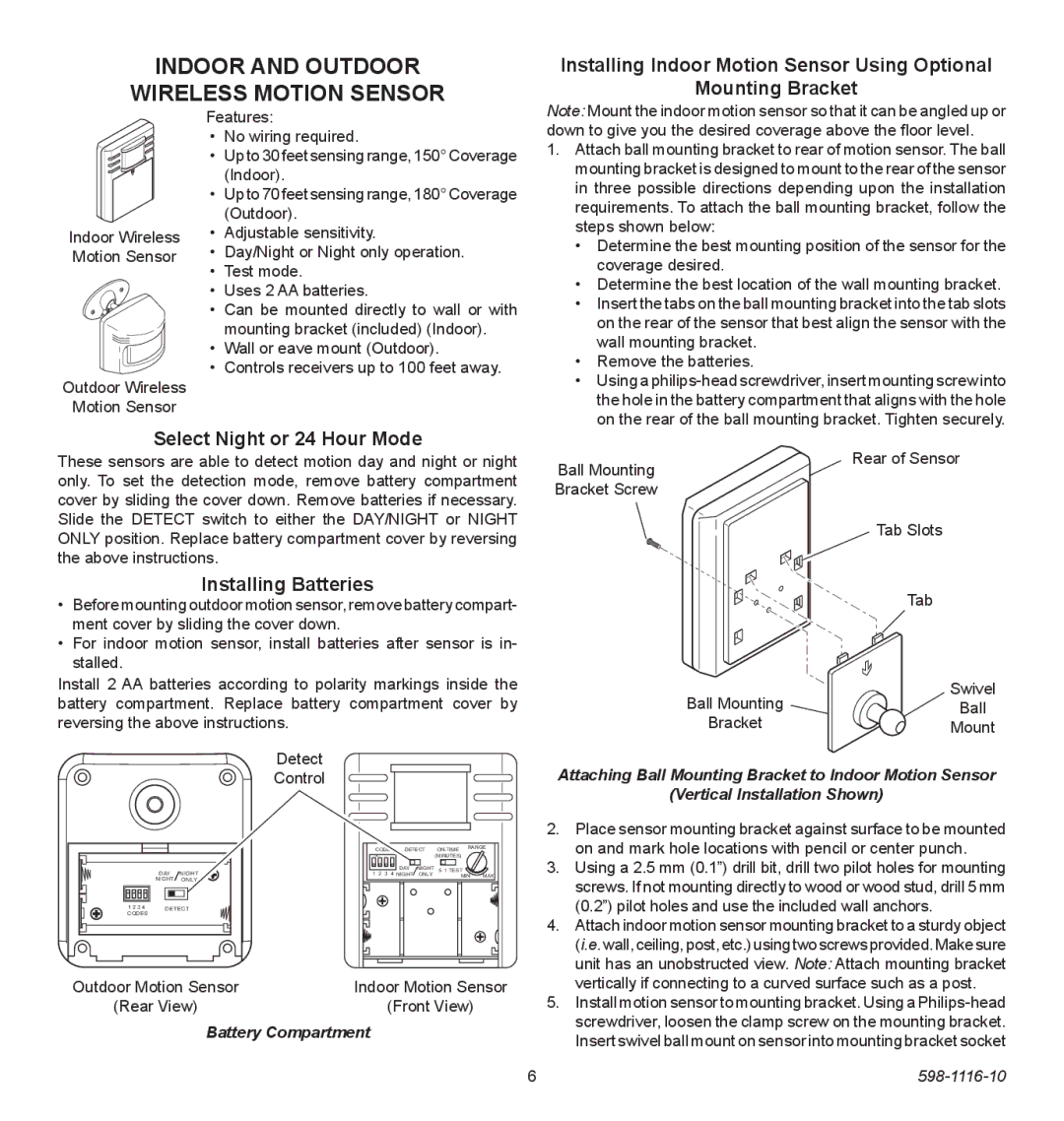 Heath Zenith 598-1116-10 Indoor and outdoor Wireless Motion Sensor, Select Night or 24 Hour Mode, Installing Batteries 